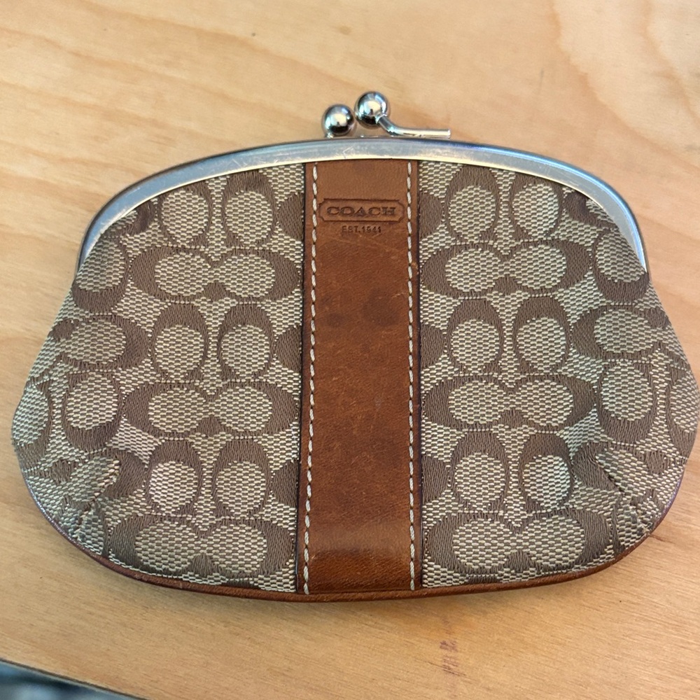 Coach Tan & Brown Signature Kiss-Lock Coin Purse